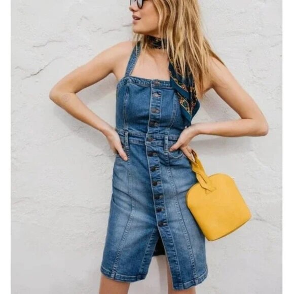 Free People Denim Button Front Gracie Pinafore Dress Size 8 - Picture 1 of 8